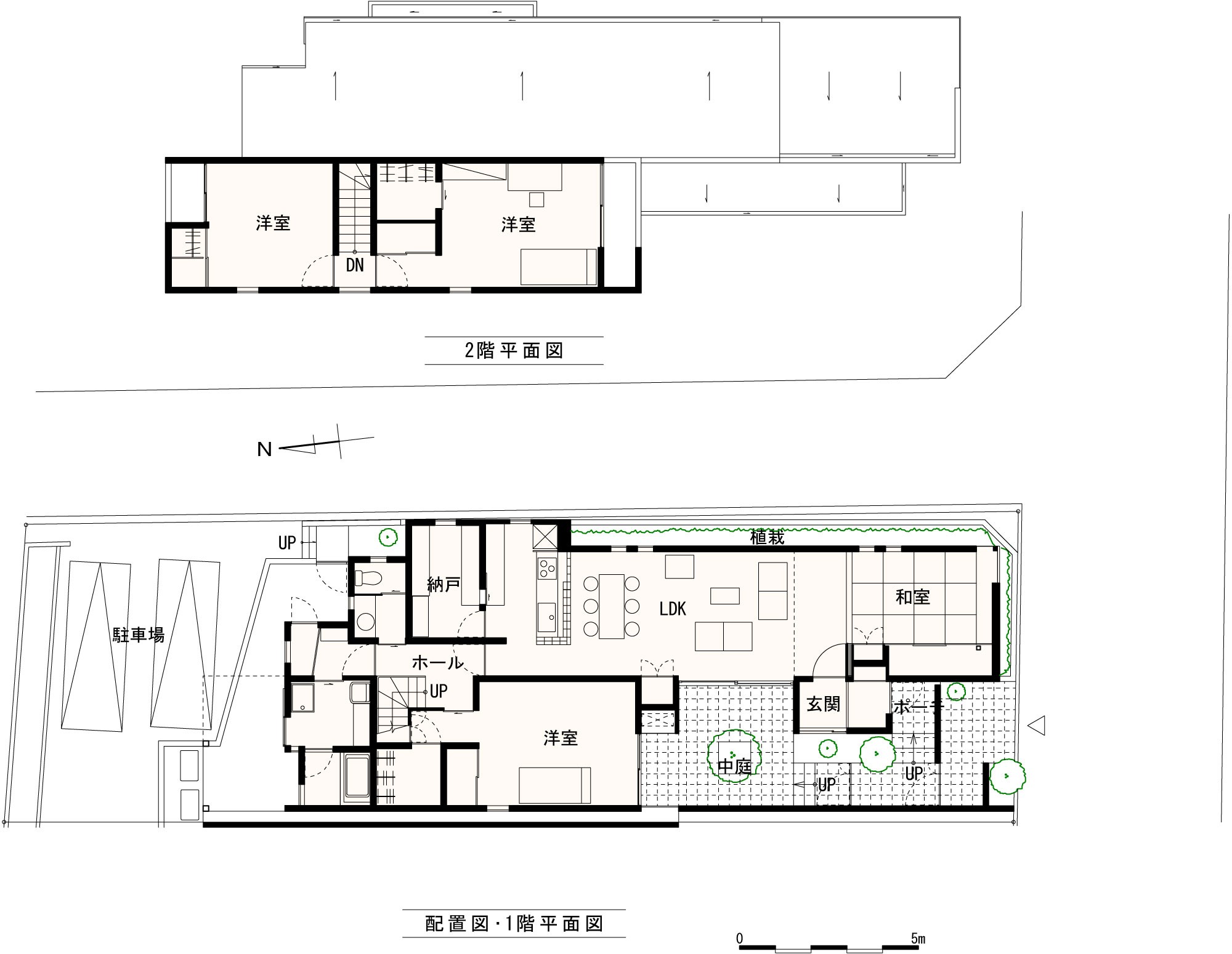 「高窓と中庭の家」の間取り図