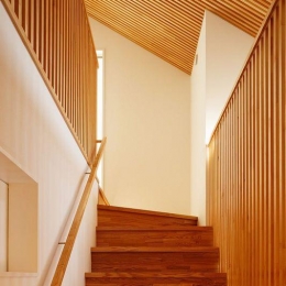 南大阪の家② (木製竪格子壁が目を引く階段)