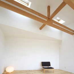 高い天井と天窓からの採光溢れる部屋 (トンガリ壁の家)