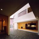 中庭と水盤のある家｜上新田の家の写真 中庭から4mステンレス無垢坂キッチン・離れ和室を見る