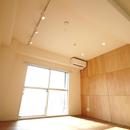 シナ材合板×ナラ樫材フローリングの伸びやか空間の写真 天井