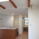 ワンフロアワンルームの木造住宅｜小平の家の写真 キッチン脇の洗面室