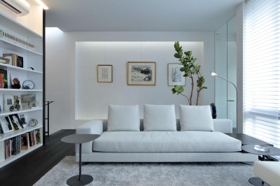 リビングのソファと背面のギャラリー (浜田山の家－ギャラリースタイルの家、ミニマリズムの調べ－)