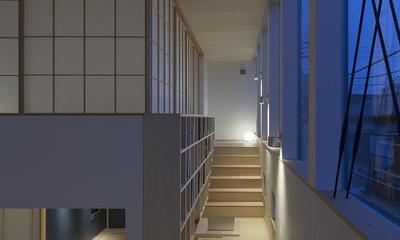 ”のれん”と立体図書館のある、東京の狭小、二世帯住宅 (住居の中の立体図書館)