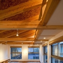 木格子の家／石神井台の二世帯住宅の写真 2階リビング．壁は漆喰塗り．構造体はSE構法による集成材