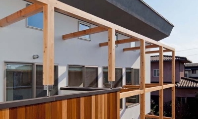 木格子の家／石神井台の二世帯住宅 (2階レベルの目線の外観．バルコニーはセランカンバツ（木材）張り)