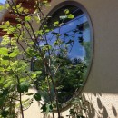 結　〜丸窓のある木の家〜の写真 植栽と丸窓