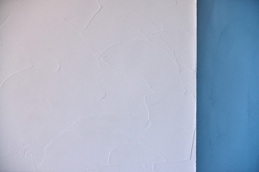 マリンブルー壁×チェリー床。素材に溢れた１LDK＋WIC住まい (自然な塗りムラが特徴的な珪藻土の壁・天井)