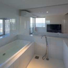 ガラス張りの浴室 (海沿いのマンション最上階のフルリノベーション)