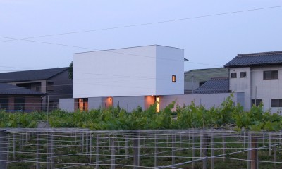 ミニマルデザインのハコ型の家 (夕景)