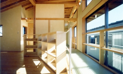 RC地下駐車場の上に産直木材三層の家／Maさんの家 (吹き抜けに透明ｸﾞﾚｰﾁﾝｸﾞを持つ2階子供部屋)
