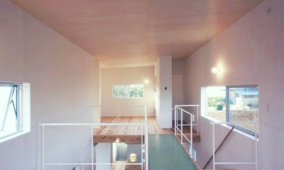 東松山のＬ型ボックス／Ｍｏさんの家 (透明ｸﾞﾚｰﾁﾝｸﾞのブリッジのかかる吹き抜けを挟んだ２階の２室)