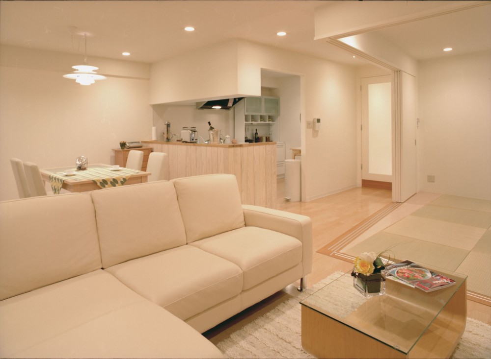 岡崎のマンション　– 斜めに切り取られた和室が空間の可能性を広げる – (リビングよりキッチンを見る)