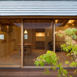 姉ヶ崎の家　 中庭を囲うロの字形の平屋 ｜新築-中庭、イロハモミジ越しの居間。
