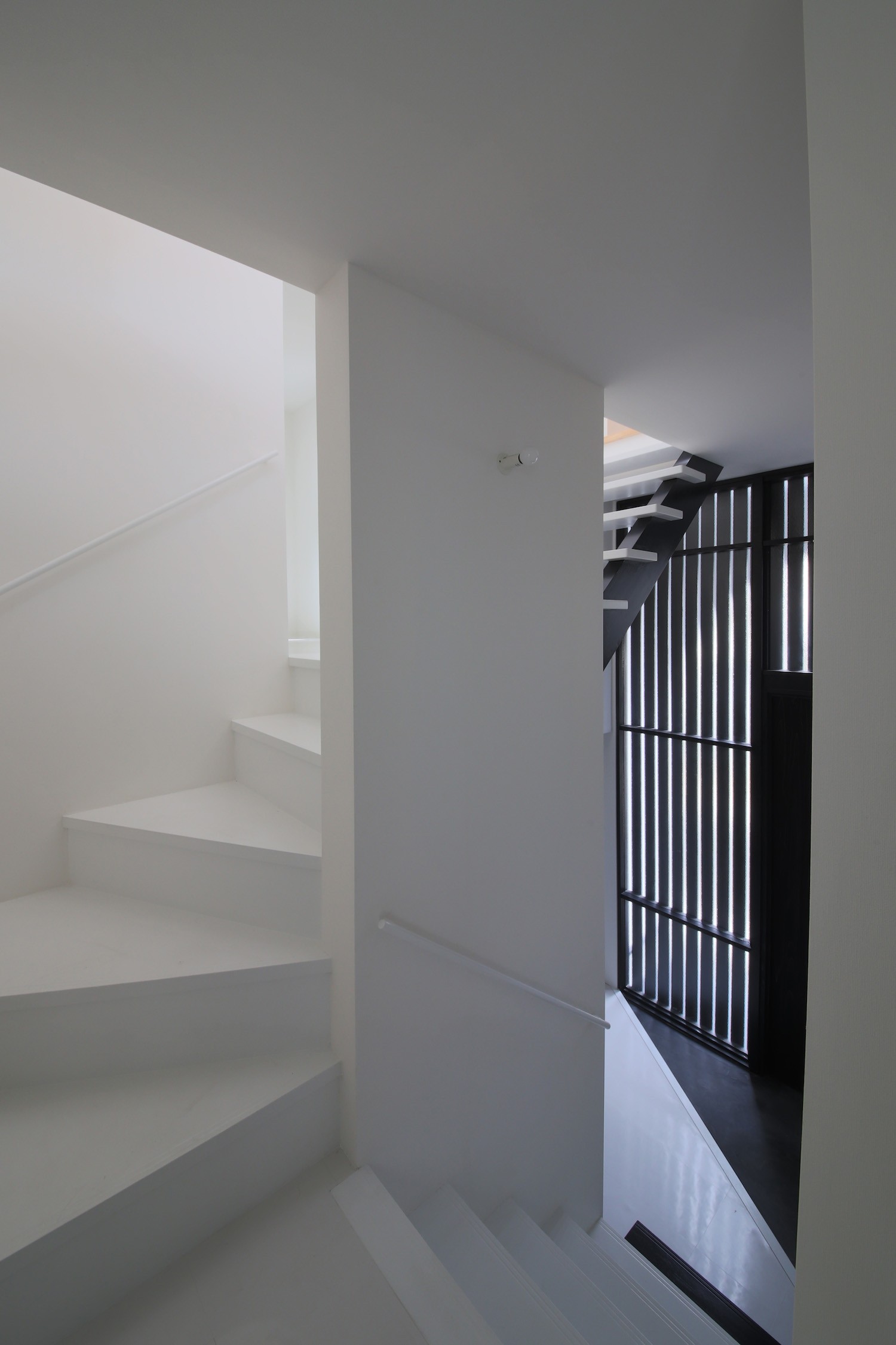 玄関事例：玄関ホールと階段（建もの探訪で放送　ピアノ室のある狭小住宅・スキップフロアを生かしたOUCHI-29）