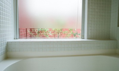 浴室から屋上庭園を眺める｜浅草の家―２階にある庭