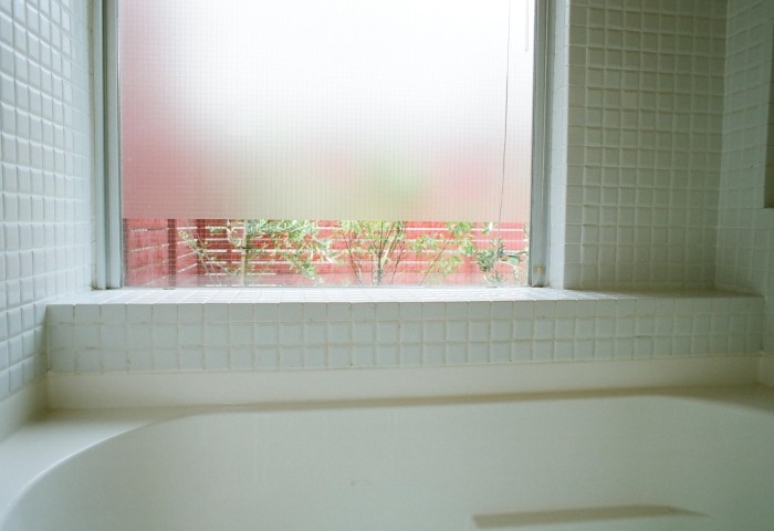 バス/トイレ事例：浴室から屋上庭園を眺める（浅草の家―２階にある庭）