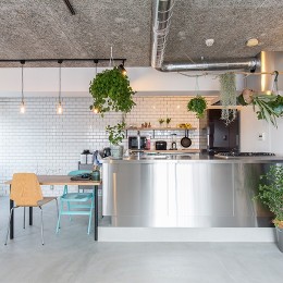 キッチン (無機質な空間に映えるグリーン。モルタル床の家)