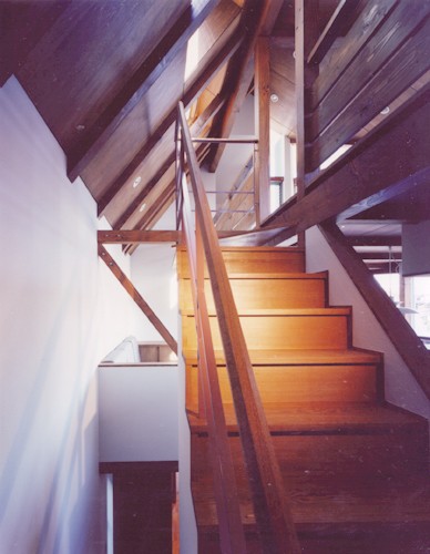 リビングダイニング事例：階段（【市川の家】　光を求めて空へとのびるOMソーラーの家）