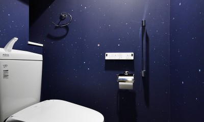 「青」と「黒」のクールな趣味空間 (オリジナルで制作　星空クロスのトイレ)