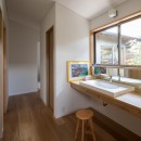 伊勢田の家／夫婦２人のためのコンパクトな平屋の住まいの写真 洗面所／中庭に面した明るく開放的な洗面所