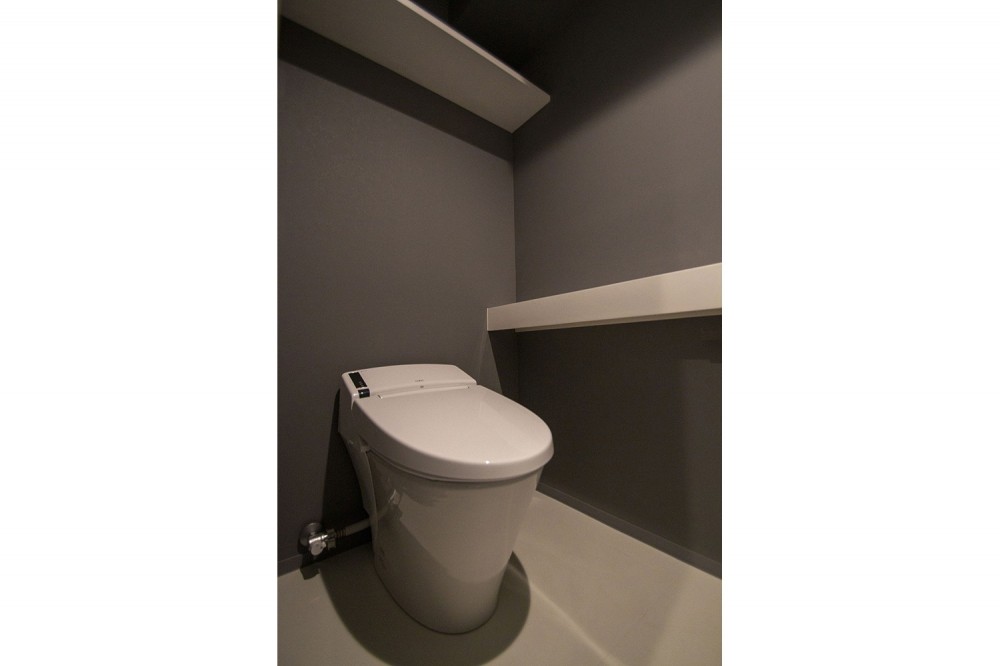 グレーホワイトな空間に、ネイビーの対面キッチンが空間の主役 (トイレ)