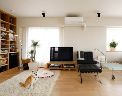 可動できる家具でスッキリしたスペースを (ニューヨークで気に入った高い天井と間接照明を実現。趣味は大胆に魅せて収納。)