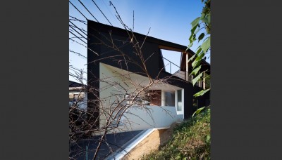 外観側面２ (馬見丘の家〜Ryokuin　三角形で斜面地の敷地にたつ家)