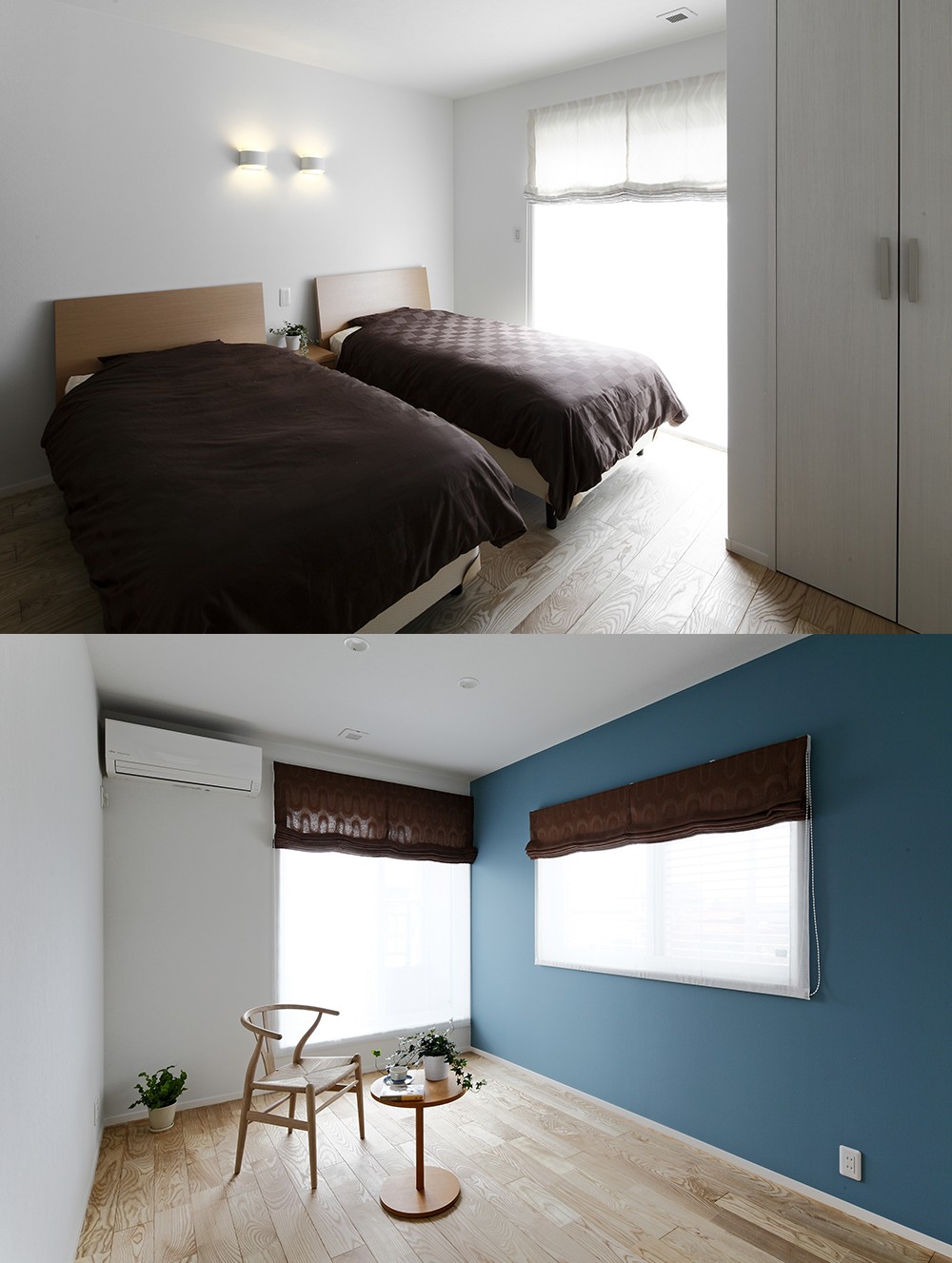 ベッドルーム事例：無垢フローリングの明るい部屋（真冬でも室温20度をキープ　断熱の家）