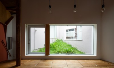 ヤナカノイエ　―ギャラリー付の戸建て住宅リノベーション (ダイニングキッチンから見る草屋根テラス（中庭）)