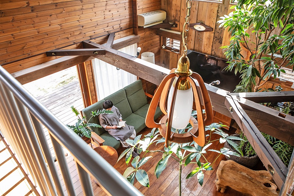 ヴィンテージ家具と植物と木とテグラがつくりだす空間　東琵琶湖の家 (リビング)