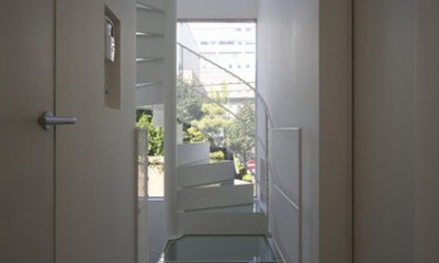 湯島の家 (２階廊下よりガラスの螺旋階段を見る。)