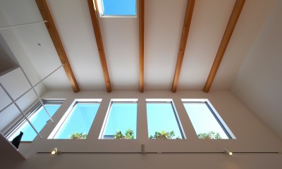 田園調布の家 (２階LDK見上げ。トップライト、高窓越しに青空が見えます。)