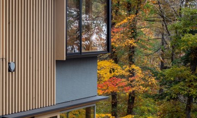 紅葉が窓に映る｜森に降りる家　玄関から降りると広がる景色