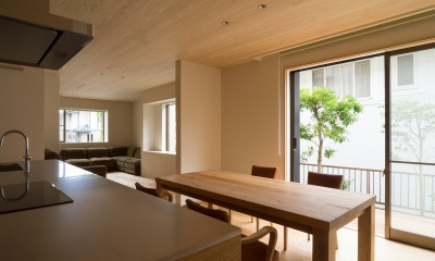 庭に面したひとつづきのリビング-ダイニング-キッチン｜千代ヶ丘の家　減築でゆったり暮らす木の家｜改修