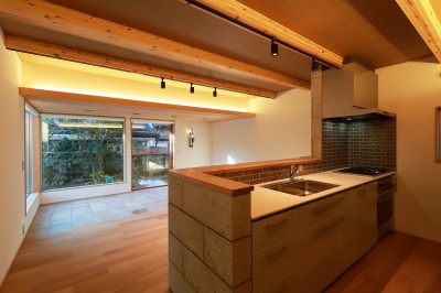 オープンキッチン (片瀬山の家　『周辺環境との調和と生活多様性の創出』)