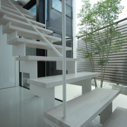 明暗のあるシンプルモダンの家／神奈川県横浜市 (白い階段とプライベートヤード)