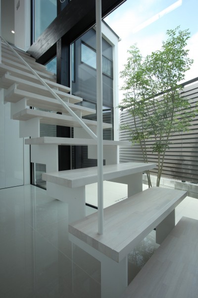 白い階段とプライベートヤード (明暗のあるシンプルモダンの家／神奈川県横浜市)