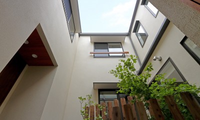 中庭を見上げる｜回遊&スキップフロアの2世帯住宅｜ナカニワTKハウス