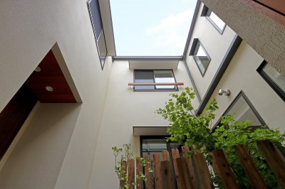 中庭を見上げる (回遊&スキップフロアの2世帯住宅｜ナカニワTKハウス)
