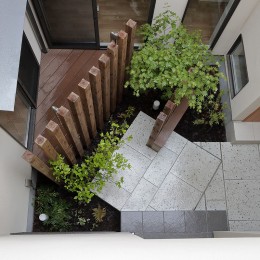 回遊&スキップフロアの2世帯住宅｜ナカニワTKハウス (中庭を見下ろす)