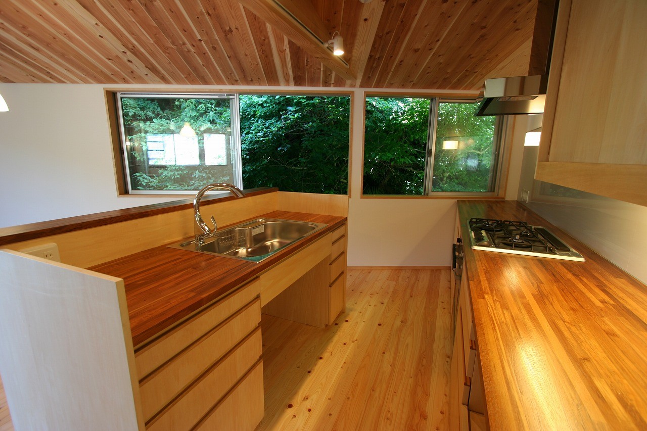 キッチン事例：オープンキッチン（Twisting Roof『自然に溶け込む焼杉の家』）
