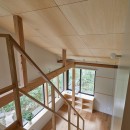 草津別荘ー森の中でひっそりと過ごす家ーの写真 階段上からラウンジを見る