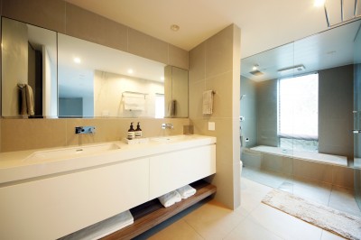 清潔感あふれる洗面室 (変形地を活かした光と風の家／東京都港区)