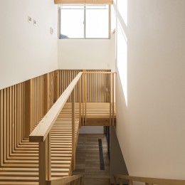 arkab prior｜高い天井のリビングから各所に繋がる、箱と片流れの住宅 (階段)