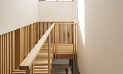 arkab prior｜高い天井のリビングから各所に繋がる、箱と片流れの住宅 (階段)