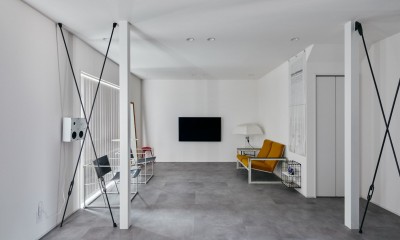 ミッドセンチュリー家具で彩るモノトーンモダンな空間 (リビング)