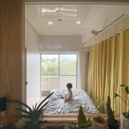 玄関から部屋と窓先をみる (50平米のオアシス～都心でコンパクトに暮らす、自然と木を感じる明るいマンションリノベ～)