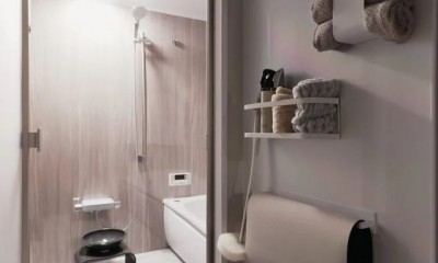 ゆとりを楽しむ家 (浴室前の壁はマグネットボードで貼る収納に)