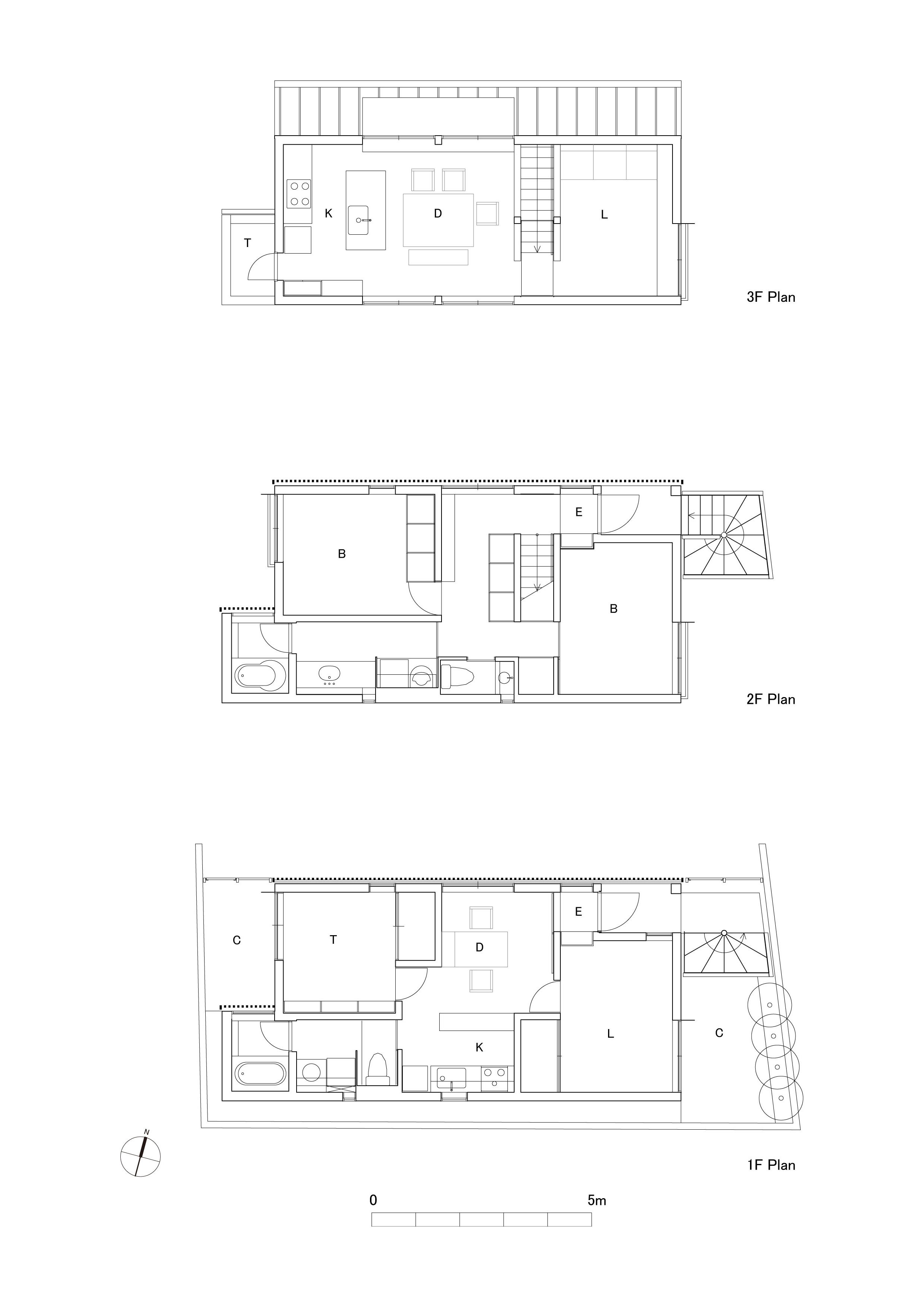 その他事例：平面図（竪格子の家『都心に建つ木造３階建ての2世帯住宅』）